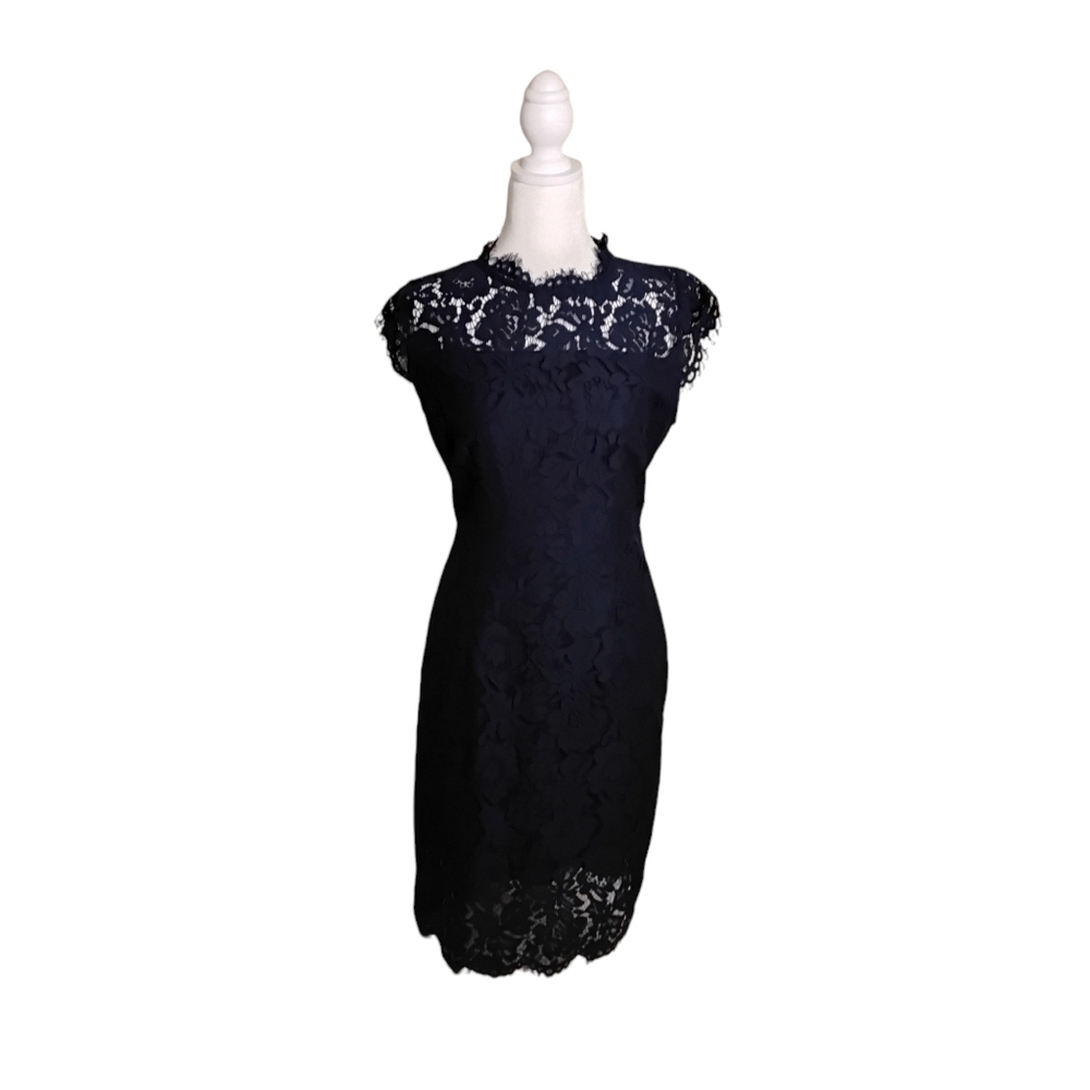 Merokeety Women's Navy Floral Lace Crewneck Knee Lenght Cocktail Dress  Size S